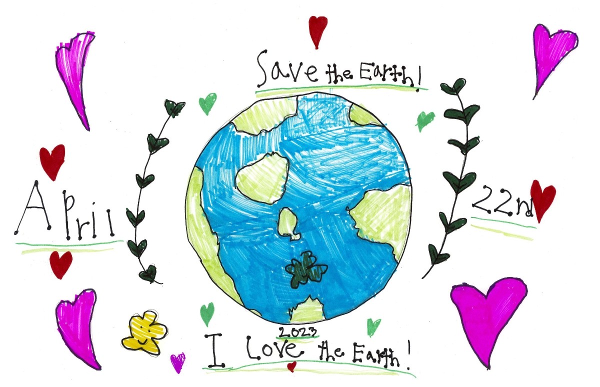 A drawing of planet earth surrounded by hearts.